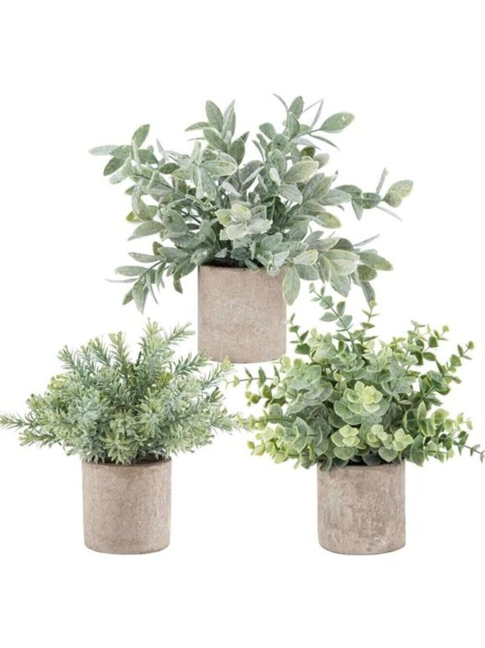 Mini Potted Fake Plants 3 Pack Artificial Eucalyptus Home Office Desk Decor